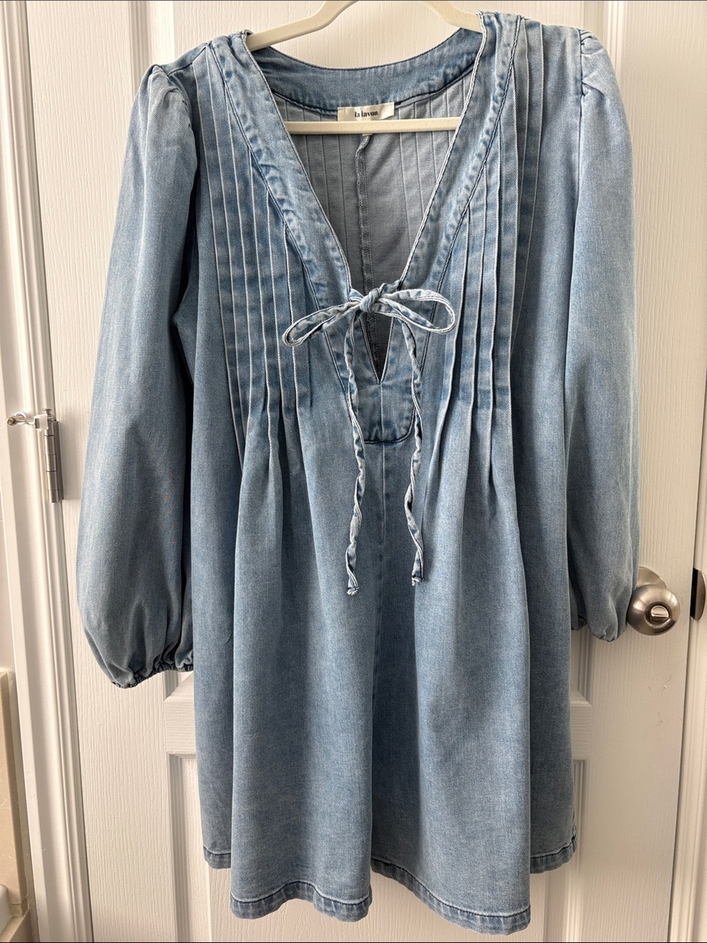 La Lavon Light Wash Denim Romper with Tie Front